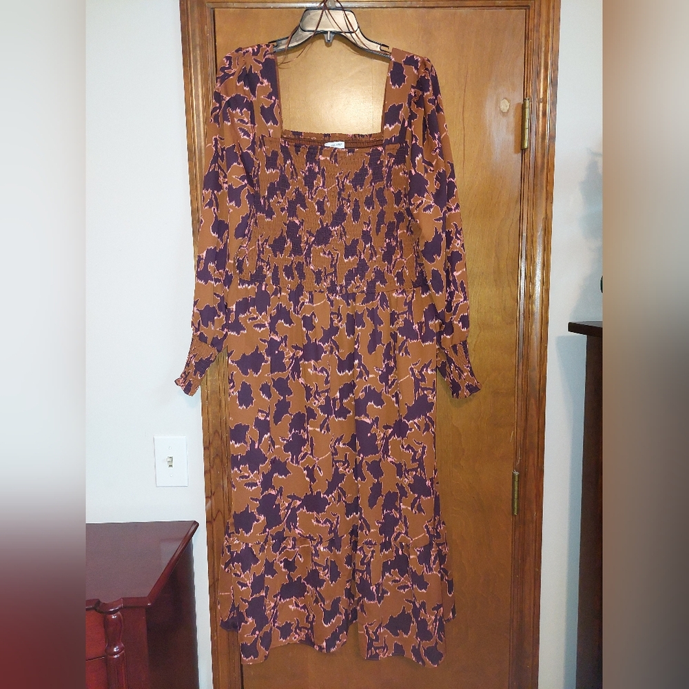 Nine West Brown and Eggplant Print Smocked Dress